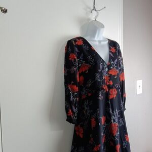 Madewell Dress Womens 4 Black Red Floral Print V Neck Button Front Ruffle Detail